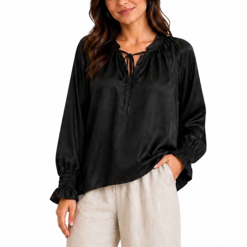 Finley Black Cotton Silk Tunic Blouse Tie Neck Smocked Cuffs Relaxed XL